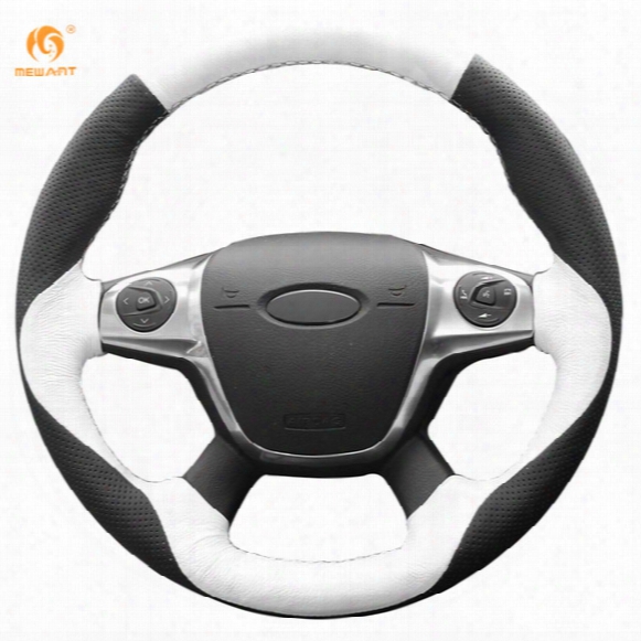 Mewant White Black Genuine Leather Car Steering Wheel Cover For Ford Focus 3 2012-2014 Kuga Escape 2013-2016