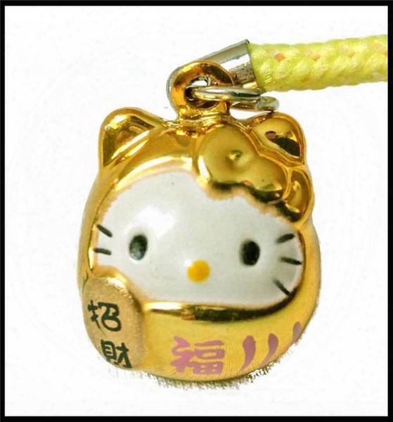 New Style! 50pcs Gold Daruma Cartoon Kitty Cat Head Strap For Mobile Phone, Bag / Cat Collar Bell Charm
