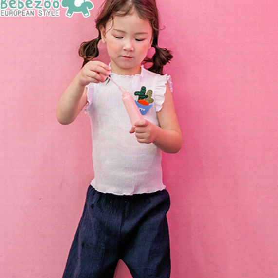 Summer Korean Toddler Girls Outfits Sets Cartoon Brooch Tank Tops + Shorts Half Pants 2pcs Set Suits Casual Girl Kids Outwear Sets A6712