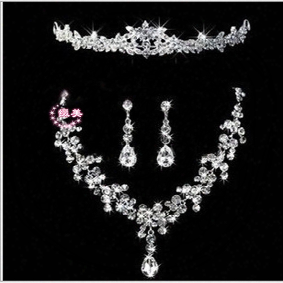 Wedding Jewelry Trade In Europe And The Bride Sautoir Diamond Necklace Crown Three-piece Suit Wedding Dresses Wholesale