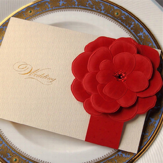 Wholesale- 30pcs Ivory Laser Cut Wedding Invitation Card With Red Floral Flower Personalized Custom Printing Wedding Event & Party Supplies