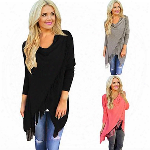 Wholesale-women Casual Irregular Tassel Knitted Cardigan Loose Sweater Outwear Coat Top