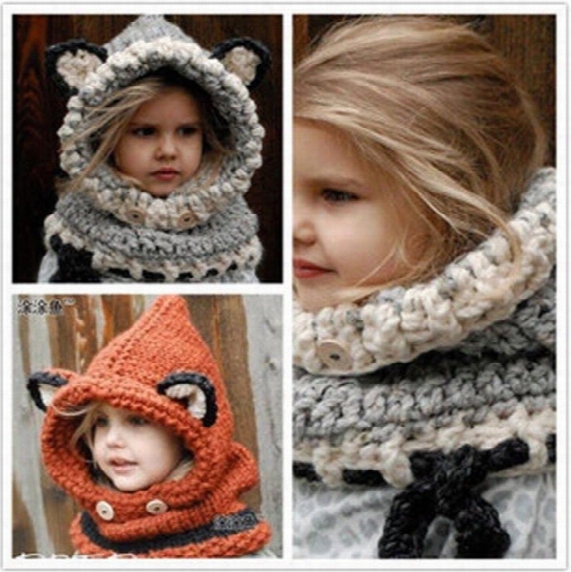 Winter Kids Warm Fox Animal Hats Knitted Coif Hood Scarf Beanies For Autumn Winter 2colors Different Styles