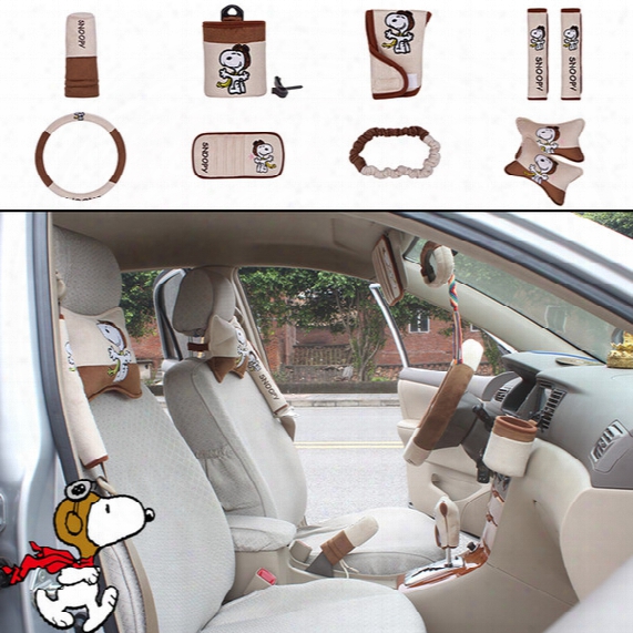 10pcs/unit Auto Accessories Snoopy Brown Car Upholstery Steering Wheel Cover Pillow Cartoon Car Covers Set Universal Automotive Interior