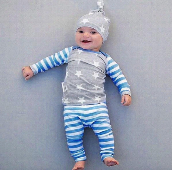 2017 Spring Autumn Ins Infant Baby Set Kids Cartoon Stripe Cotton Tops Tshirt + Pants + Hat 3pcs Clothing Suit Toddlers Children Outfits