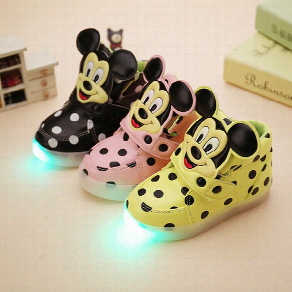 3 Color Children Mickey Minne Led Luminous Shoes Boys Girls Cartoon Dot Sneakers Light Colorful Glowing Leisure Flat Running Shoes B001