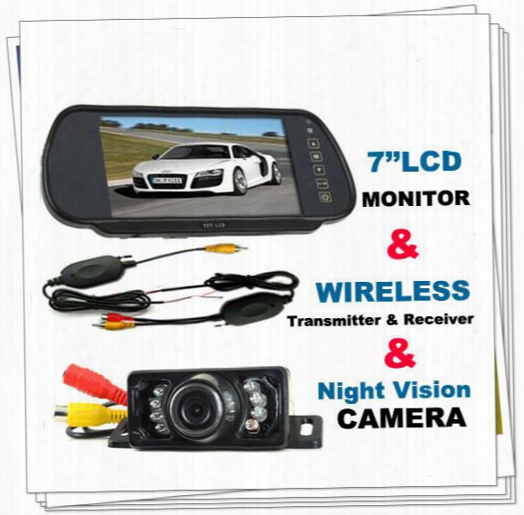 7" Car Lcd Monitor Mirror+wireless Ir Reverse Car Rear View Backup Camera Kit