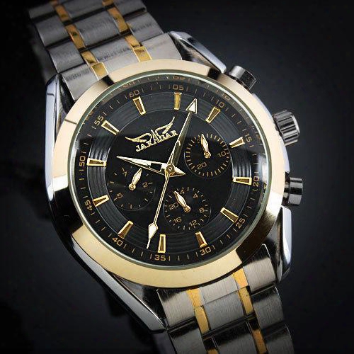 Jaragar Fashion Brand Men&#039;s Black Dial Golden Case Elegant 6 Hands Multifunction Automatic Mechanical Watch
