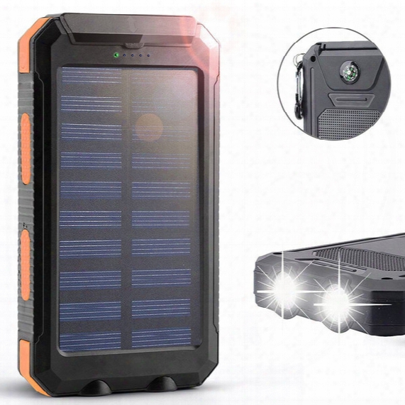 Solar Power Bank 10000mah External Backup Battery Pack Dual Usb Solar Panel Charger With 2led Light Carabiner Compass Portable Charger