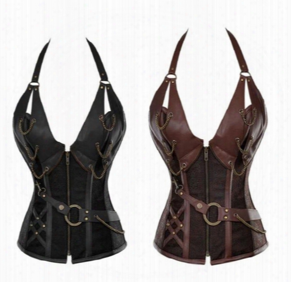 Steampunk Corset Brown/black Faux Leather Burlesque Clubwear Lace Up Boned With Chains Gothic Carnival Clothing S-6xl