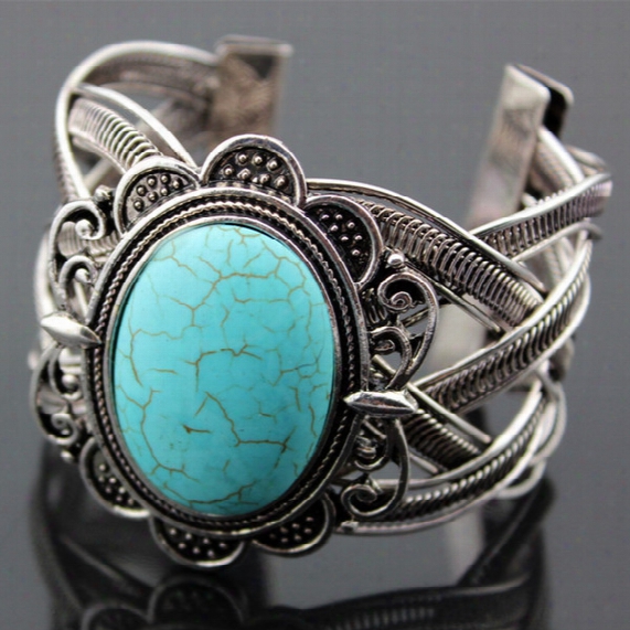 Vintage Exotic Exaggerated Metal Tibetan Silver Oval Natural Stone Turquoise Retro Bangle Cuff Bracelet Gift For Women