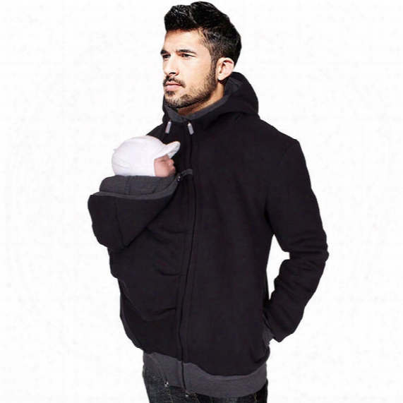 Wholesale- Baby Carrier Hoodies For Dad Men&#039;s Kangaroo Jackets With Zipper Coat Men Carry Baby Sweatshirt Black Winter Warm