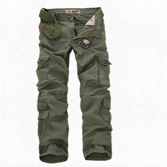Wholesale-men Workout Style Multi Pocket Cargo Pants Combat Casual Cotton Loose Long Straight Trousers Plus Size Slim Fit