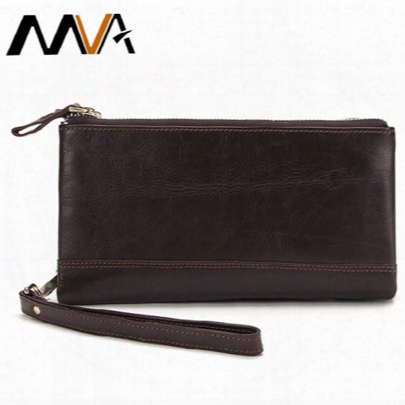 Wholesale- Mva Genuine Leather Wallet Men Clutch Solid Bag Male Wallets Clutch Purse Double Zipper Men Wallets Long Card Holder Purse
