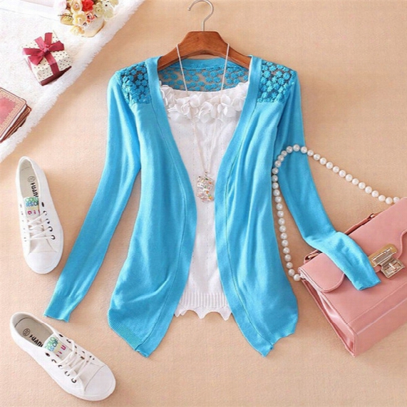 Wholesale-new Fashion Women Lace Sweet Candy Color Crochet Hollow Out Knitwear Blouse Full Sleeve Sweater Cardigan Open Stitch