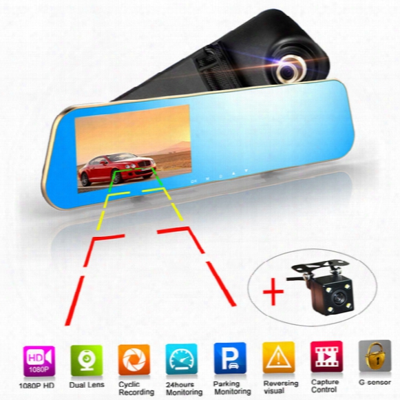 1080p+ 720p Hd Car Dvr Wide Angle Anti-glare Blue Mirror Monitor Dual Lens 4.3" Lcd Screen Camera Dvr