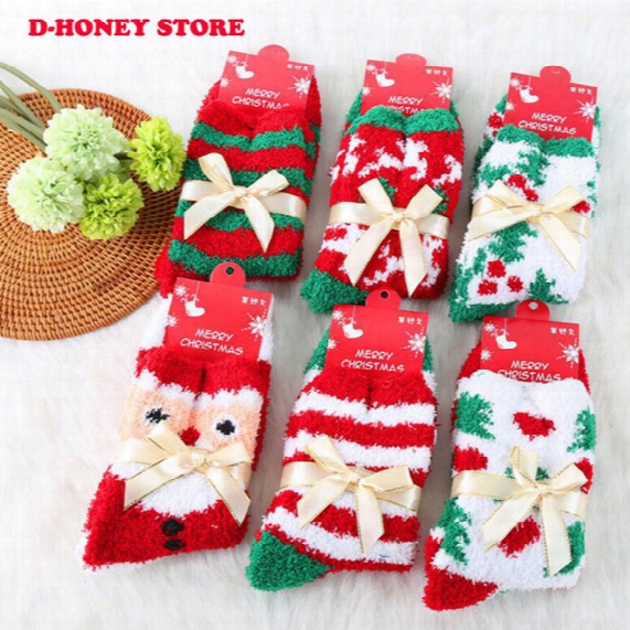 2016 Fashion Cute Plush Soft Socks Ladies Girls Santa Trees Printed Winter Warm Socks Catton Pattern Comfortable Christmas Gift