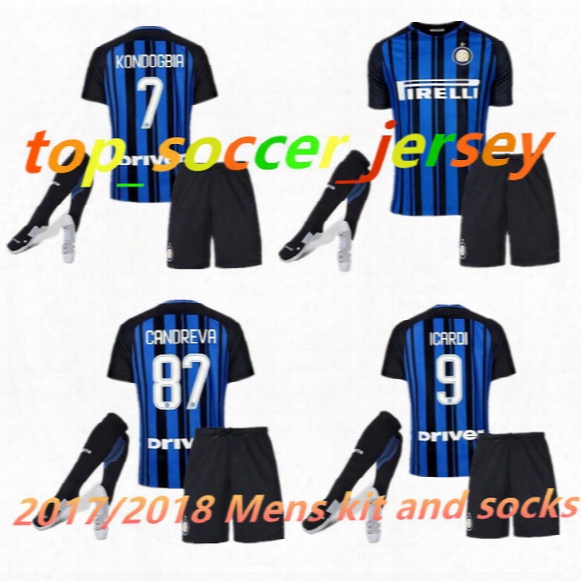2017 2018 Inter Soccer Jersey Full Kit Socks Football Shirt 17 18 Milanns #9 Icardi #8 Palacio #7 Kondogbia #17 Medel Football Uniforms