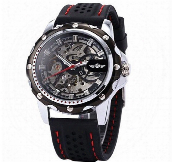 2017 New Winner Black Rubber Band Automatic Mechanical Skeleton Watch For Men Fashion Gear Wrist Watch Reloj Army Hombre Horloge