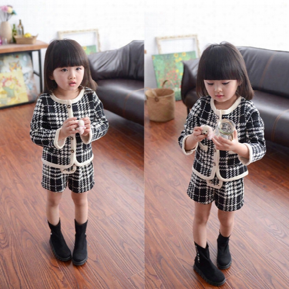 Autumn Girl Houndstooth Cardigan Long Sleeved Jacket Shorts 2 Piece Suit For 2-7t