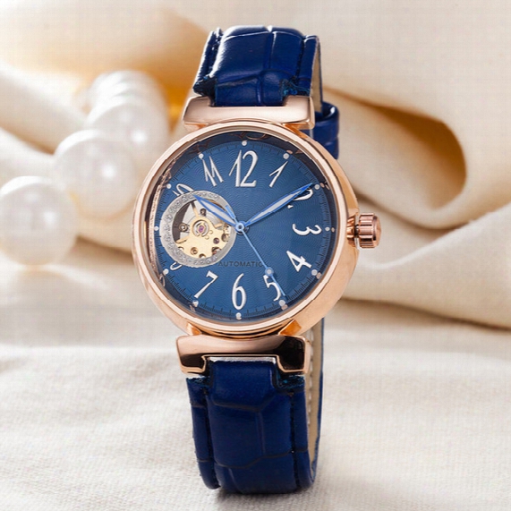 Fashion Design Hollow Automatic Mechanica Lwatches Women Brand Wrist Watch Pink Pu Leather Strap Luxury Clock For Ladies
