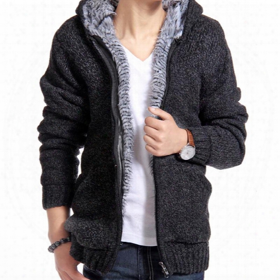 Hot Sale Jacket Men Thick Velvet Cotton Hooded Fur Jacket Mens Winter Padded Knitted Casual Sweater Cardigan Coat Outdoors Parka
