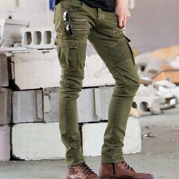 Wholesale-hi-street Mens Denim Biker Cargo Jeans Famous Brand Design Multi Zipper And Pockets Men Stretch Skinny Moto Pencil Jeans Q1690