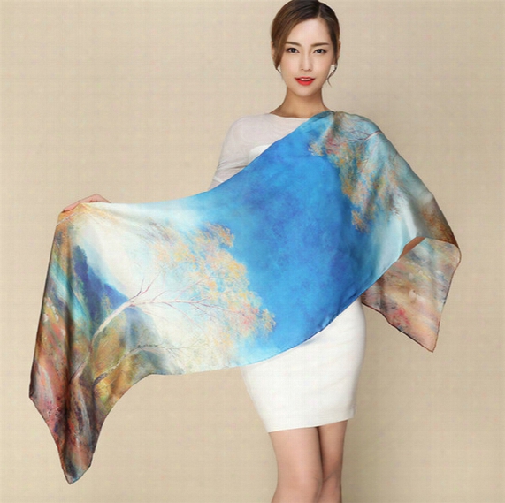 Wholesale- [ode To Joy]100% Pure Silk Women Scarf Digital Printed Scarves Lady's Long Foulard Femme Bandanas Shawl Hand Rolling