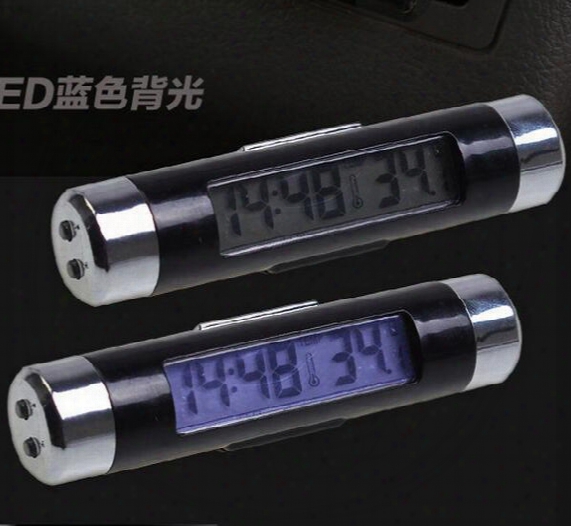 10pcs 2 In 1 Digital Lcd Car Air Outlet Clip-on Clock Thermometer Display Temp Temperature With Blue Backlight