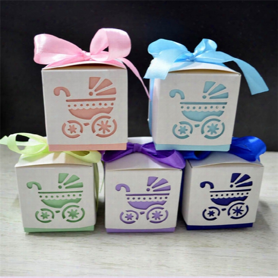 2016 Baby Shower Candy Ribbon Boxes Carriage Shower Favor Box Gift Laser Cut For Wedding Anniversary Sweet Box Wedding Decorations