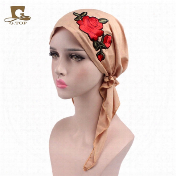 2017 New Fashion Rose Embroidery Stretchy Pre-tied Head Scarf Head Wrap Scarves Cancer Chemo Cap Turban Ladies Turbante