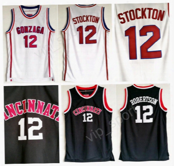 2017 New Gonzaga Bulldogs 12 John Stockton Cincinnati Bearcats 12 Oscar Robertson College Basketball Jerseys Black White High Quality