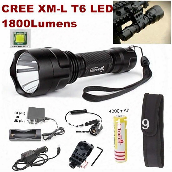 Alonefire C8 New Cree Xm-l T6 Led 1800lm Spotlight Tactical Flashlight+mounts/remote Switch/battery/charger/car Charger/holster