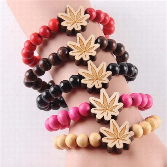 Creative Hiphop Good Wood Carving Maple Leaf Beads Bracelets Bangles For Men And Women Fashion Charm Jewelry Best Gifts Strands Dh228