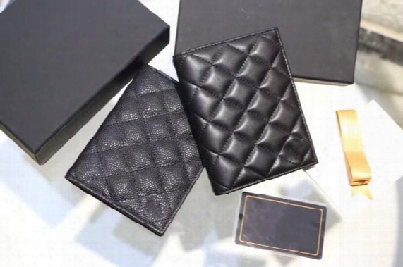 Famous Brand Quilted Caviar Leather Passport Holder Card Id Holder Real Leather Lambskin Bag Passport Small Wallet Black