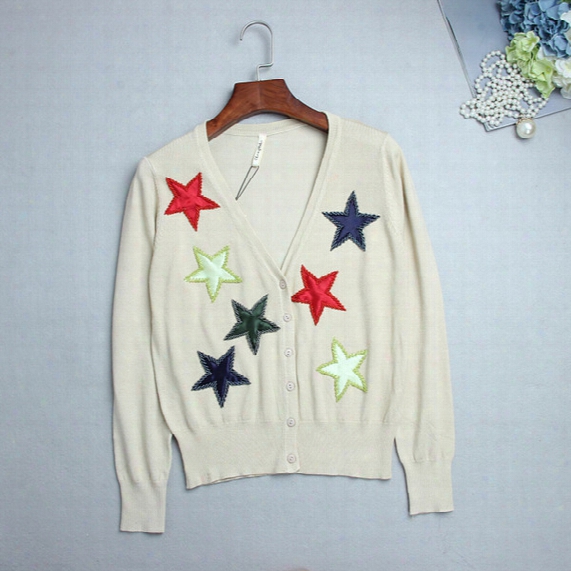 Free Shipping 2017 Brand Same Style Sweaters Cardigan Long Sleeve V Neck Apricot/red Beads Embroidery 8868g