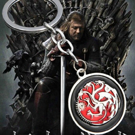 Game Of Thrones House Targaryen Badge Emblem Insignia Three Heads Fiery Dragon Keychain Flying Dragon Key Chain Red Round Card Key Ring Y006