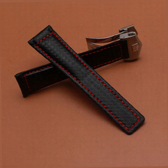 Genuine Leather Bracelet Watchband Carbon Fiber Grain Red Stitching 20mm 22mm Watch Band Strap Accessories Silver Folding Clasp High Quality