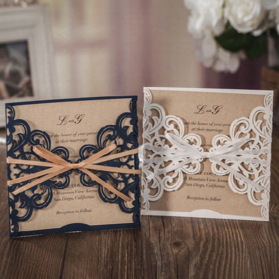 Hollow White Lace Flower Invitation Cards Elegant Laser Cut Ribbon Wedding Invitations Kraft Paper Inner Sheet Jk240