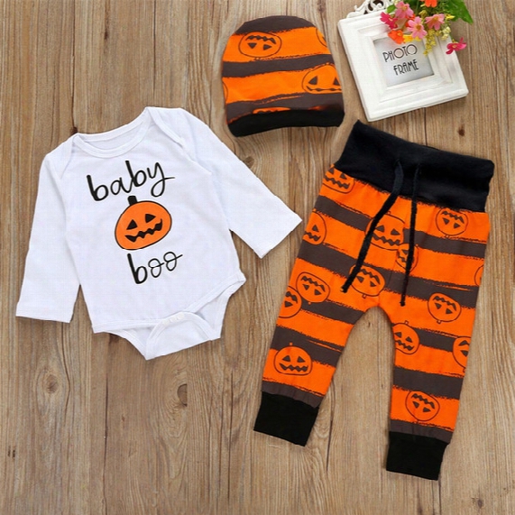 Ins Toddler Boys Halloween Outfits Cartoon Pumpkin Printing Hat+rompers+pants 3pcs/set Cotton Baby Outfits Kids Clothes C2518