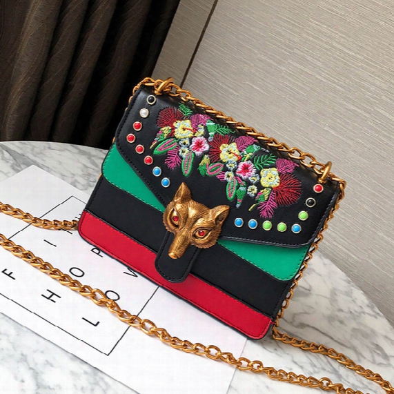 Luxury Brand Embroidery Fox Shoulder Bag Chains Cross Body Women Leather Rivet Handbags Mini Peekaboo Lady Handbag