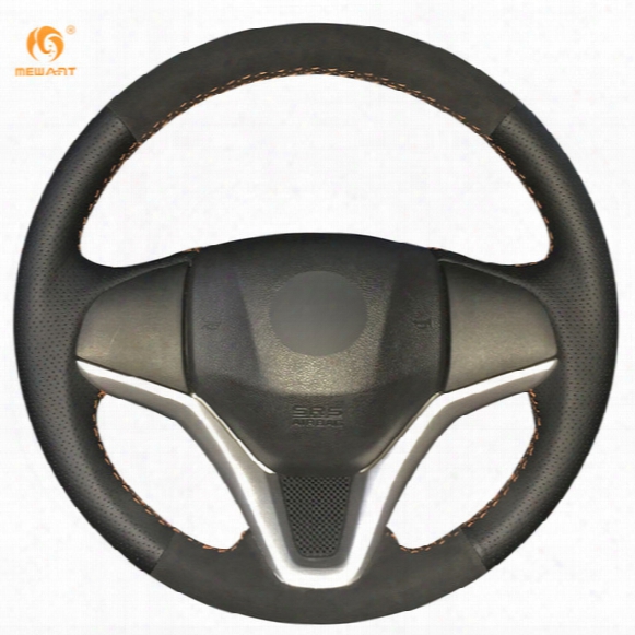 Mewant Black Leather Black Suede Car Steering Wheel Cover For Honda New Fit City Jazz 2014 2015 Hrv Hr-v 2016 Vezel 2015-2017