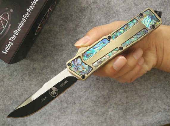 Microtech Scarab Combat Troodon Pocket Knife 440c Steel Plain Drop Point Gold Abalone Handle Pocket Knife Knives With Retail Box M