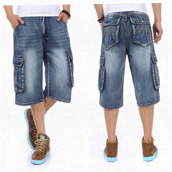 Wholesale-muiti Pocket Knee Length Denim Shorts For Men Summer Hip Hop Dance Loose Fit Man Baggy Cargo Jean Shorts Big Size