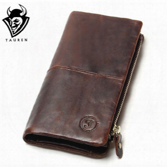 Wholesale- The 2017 New First Layer Of Real Leather Men's Oil Wax Retro High-capacity Multi-card Bit Long Wallet Clutch Men Genuine