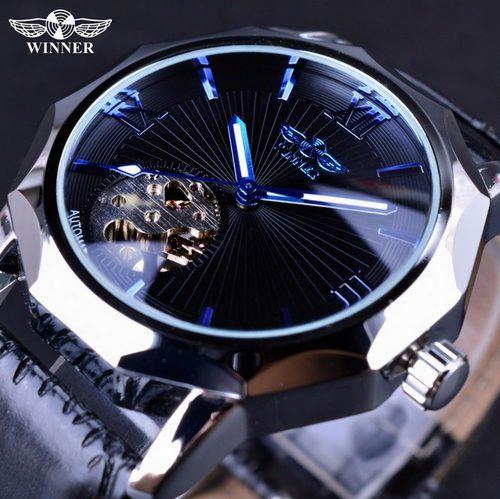 Winner Blue Hands Design Transparent Skeleton Small Fashion Dial Display Mens Watches Top Brand Luxury Automatic Fashion Watches