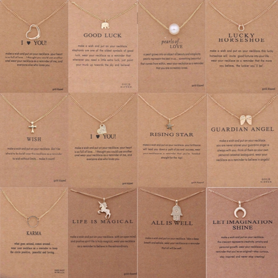 12 Styles Dogeared Choker Necklaces With Card Gold Circle Elephant Pearl Love Wings Cross Unicorn Pendant Necklace For Fashion Women Jewelry