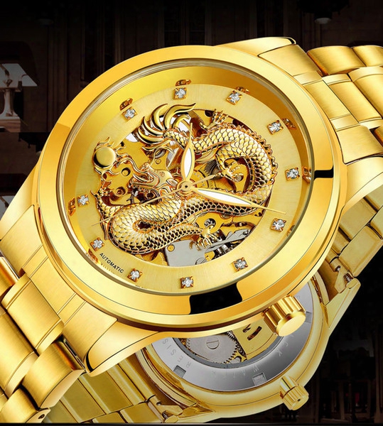 2017 Men Luxury Brand Watches Stainless Steel Gold Automatic Hollow Business Mechanical Wristwatches Quartz Waterproof Luminous Dragon Watch