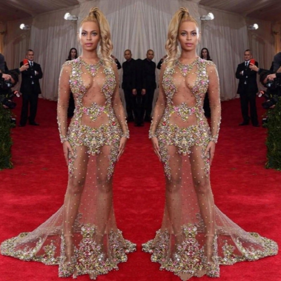 2017 Sheer Beaded Evening Dress Beyonce Met Ball Red Carpet Dresses Nude Naked Celebrity Gown See Through Formal Wear Sweep Train Backless