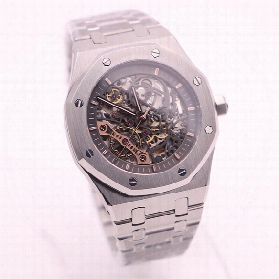 2017top Luxury Brand Royal Oak Series 15407 Silver Stainless Steel Strap Black Hollow Dial Transparent Rear Shell Automatic Mechanical Watch